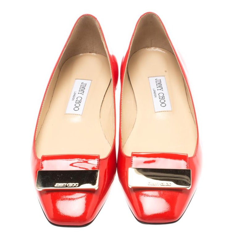Jimmy Choo Flame Orange Patent Leather Harlow Square Toe Ballet Flats ...