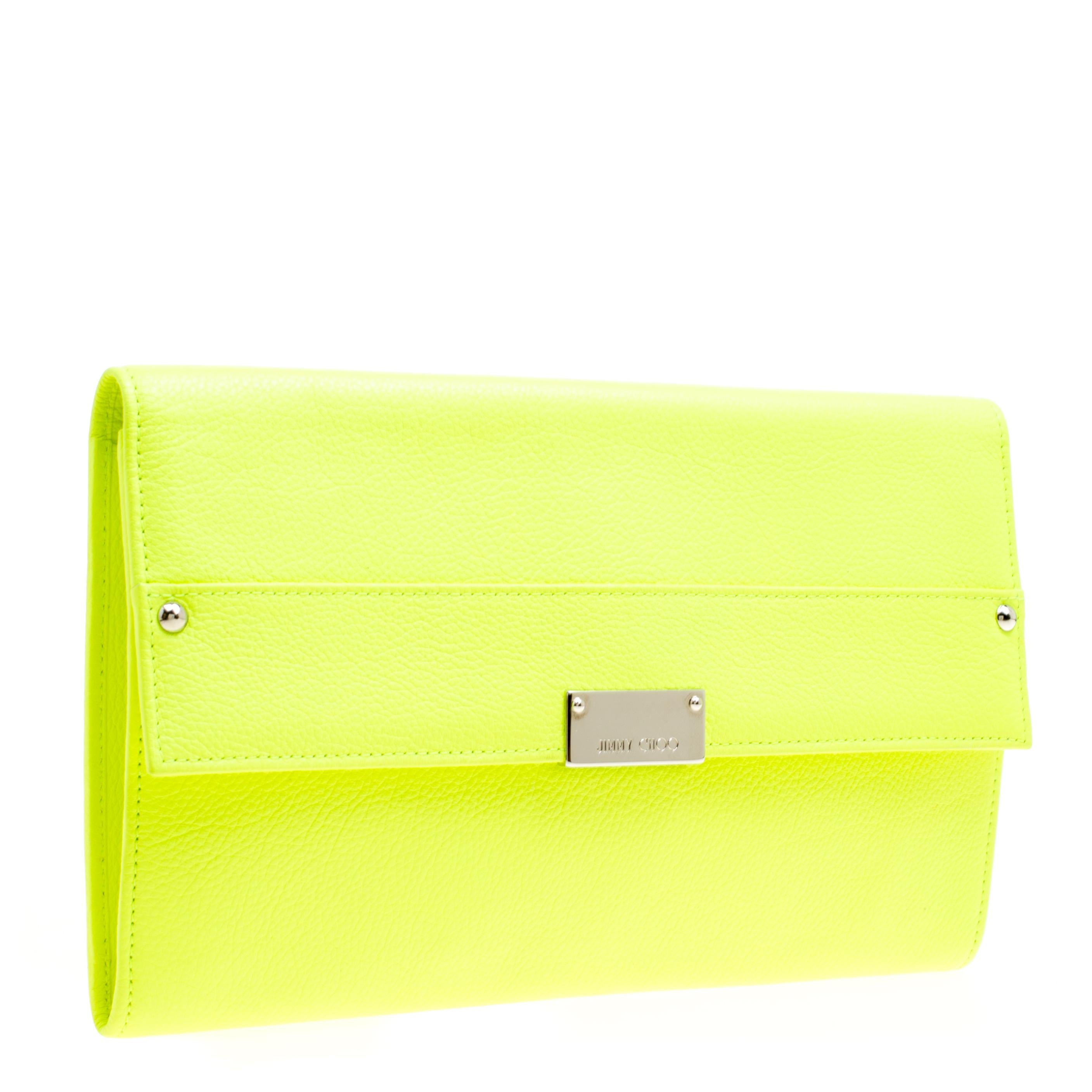 Yellow Jimmy Choo Fluorescent Green Leather Reese Wallet Clutch