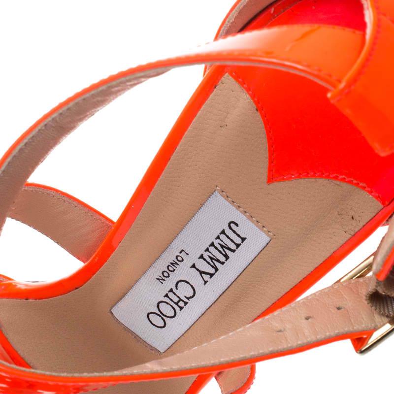 Jimmy Choo Fluorescent Orange Patent Leather Louise Sandals Size 39.5 In Good Condition In Dubai, Al Qouz 2