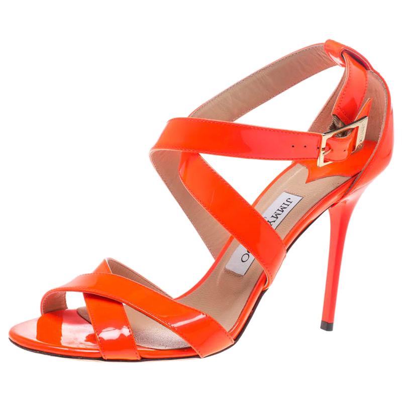 Jimmy Choo Fluorescent Orange Patent Leather Louise Sandals Size 39.5