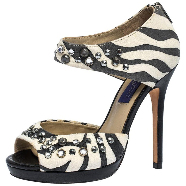 Jimmy Choo For H&M Monochrome Zebra Print Suede Studded Platform Sandals  Size 37 at 1stDibs | wooden platform sandals, studded gladiator sandals