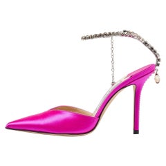 Jimmy Choo Fuchsia Satin Saeda Crystals Ankle Strap Pumps Size 38.5