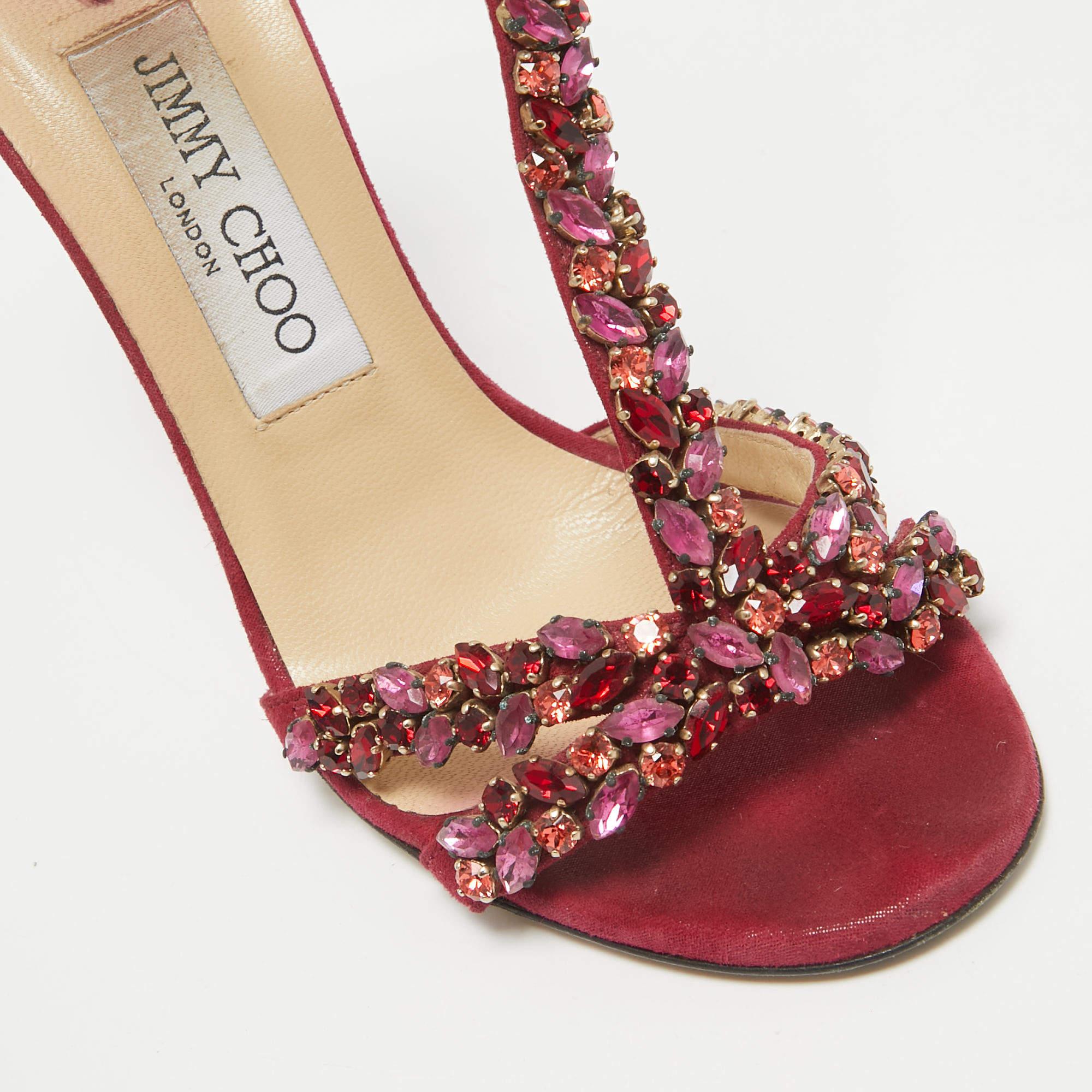 Jimmy Choo - Sandales en daim scintillant fuchsia ornées de cristaux, taille 36 en vente 2