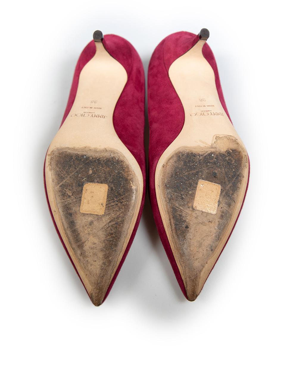 Jimmy Choo Fuchsia Suede Low Heel Pumps Size IT 38 In Good Condition In London, GB