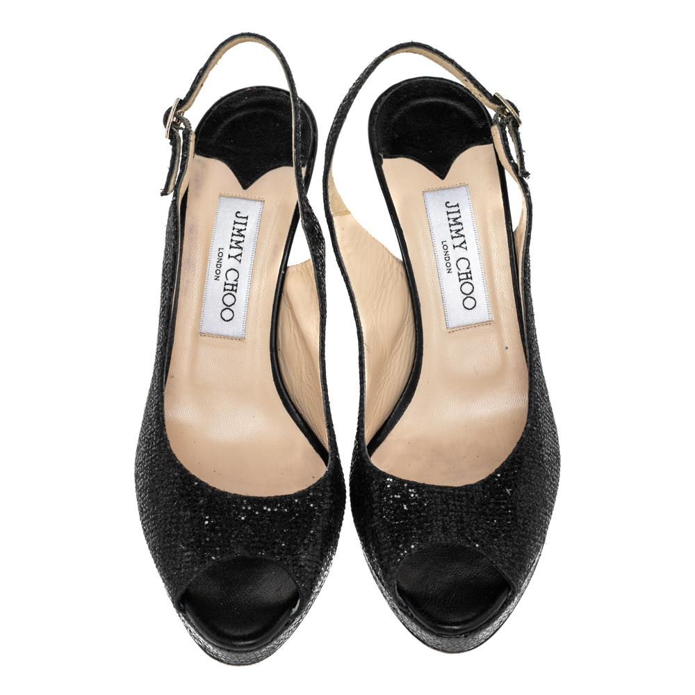 Black Jimmy Choo Glitter And Lurex Fabric Nova Peep Toe Slingback Sandals Size 38 For Sale