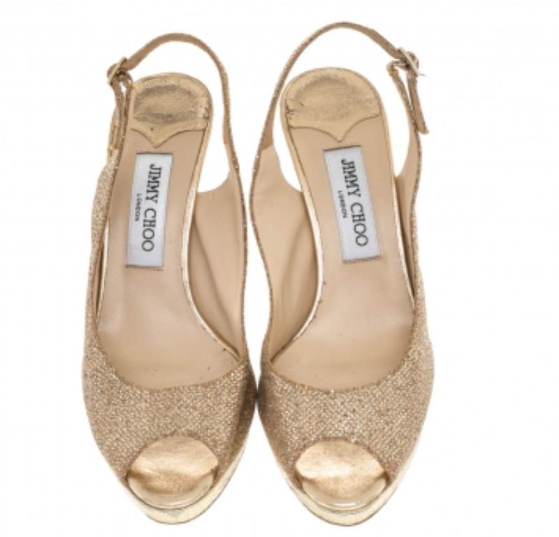 Beige Jimmy Choo Sandali Peep Toe Slingback Nova in tessuto glitterato e lurex misura 38,5