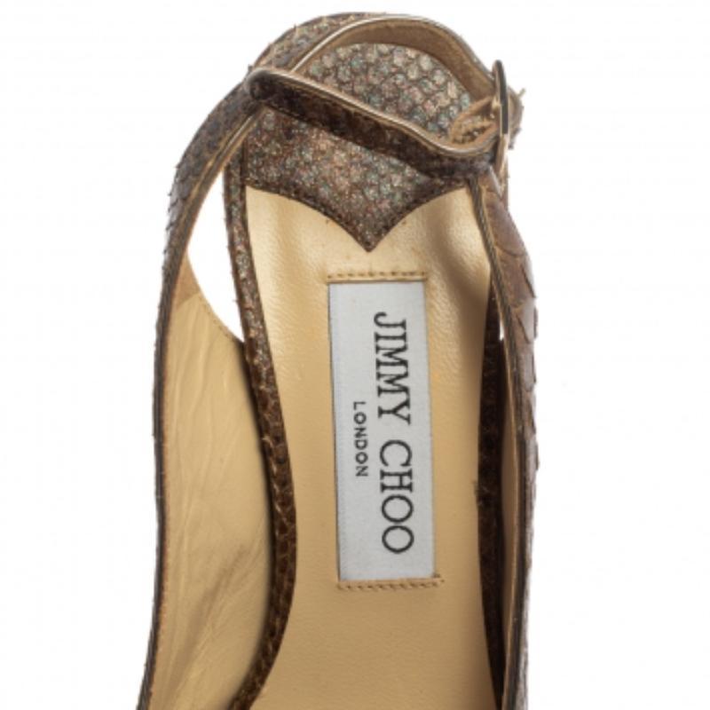Brown Jimmy Choo Glitter Effect Python Peep Toe Slingback Platform Sandals Size 38 For Sale