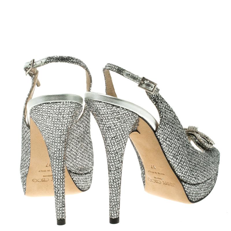 Jimmy Choo  Glitters Crystal Embellished Slingback Platform Sandals Size 37 In Excellent Condition In Dubai, Al Qouz 2