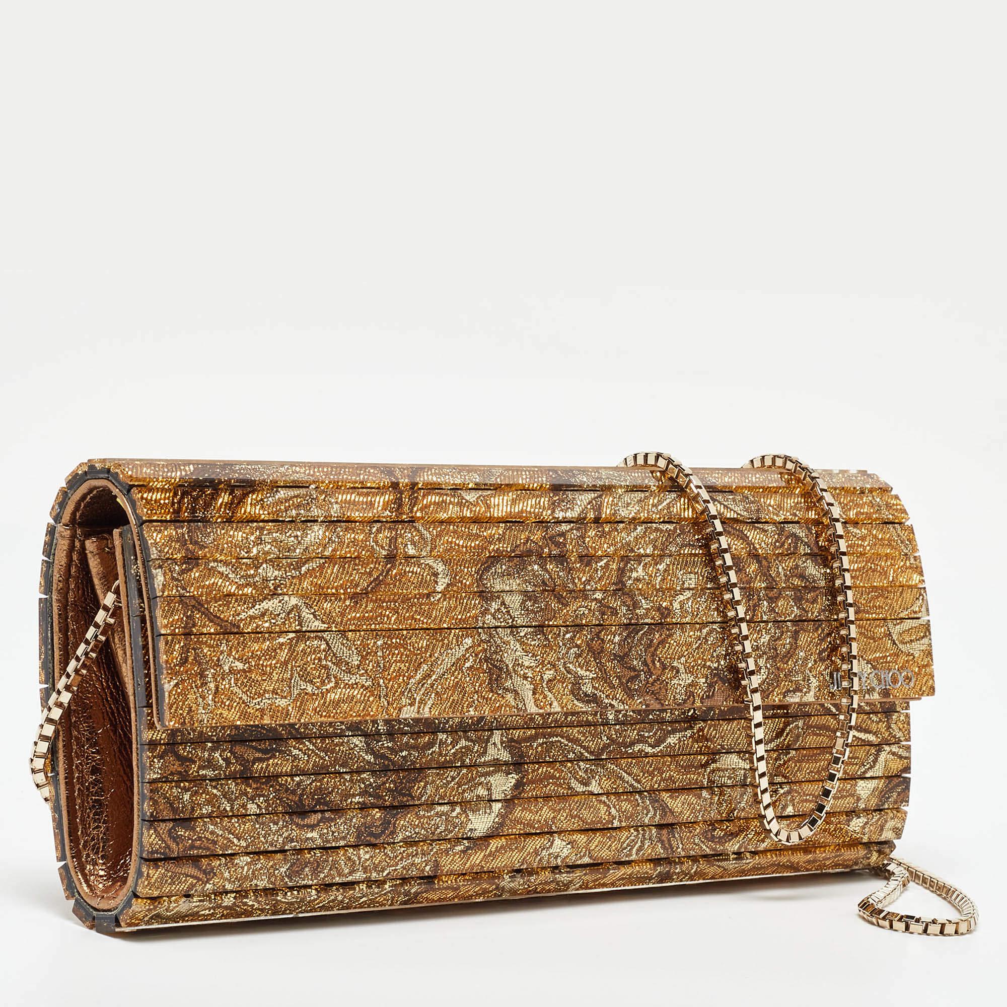 Jimmy Choo Gold Acryl Floral Sweetie Clutch mit Blumenmuster (Braun) im Angebot