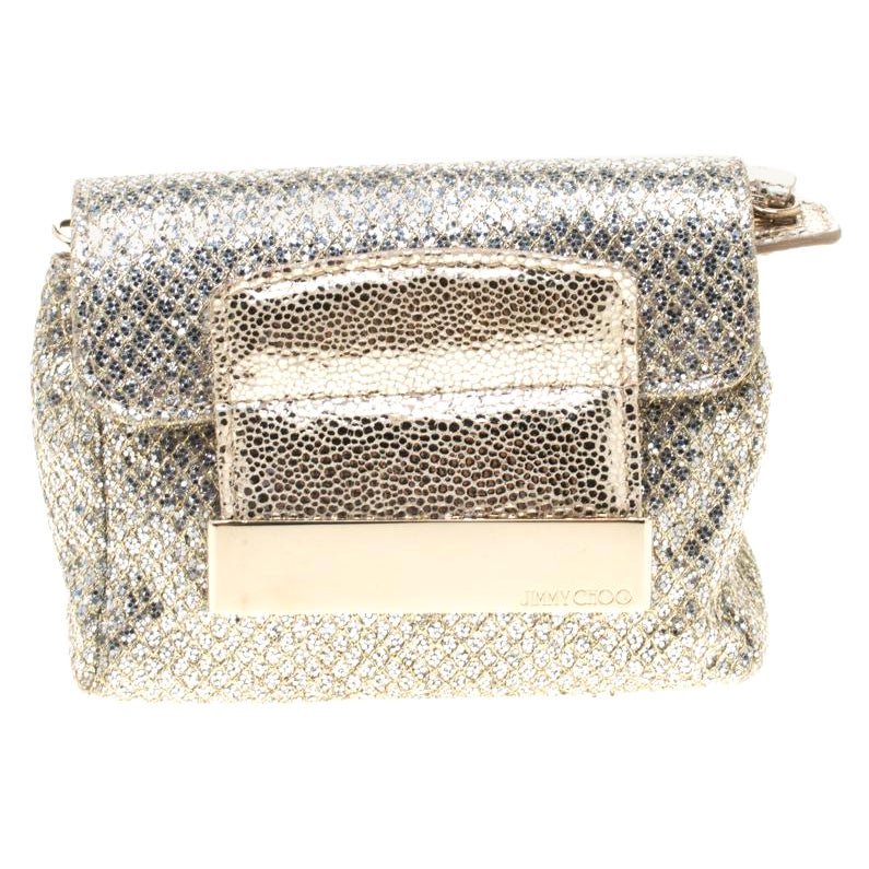 Jimmy Choo Gold and Silver Glitter Fabric Mini Rebel Crossbody Bag
