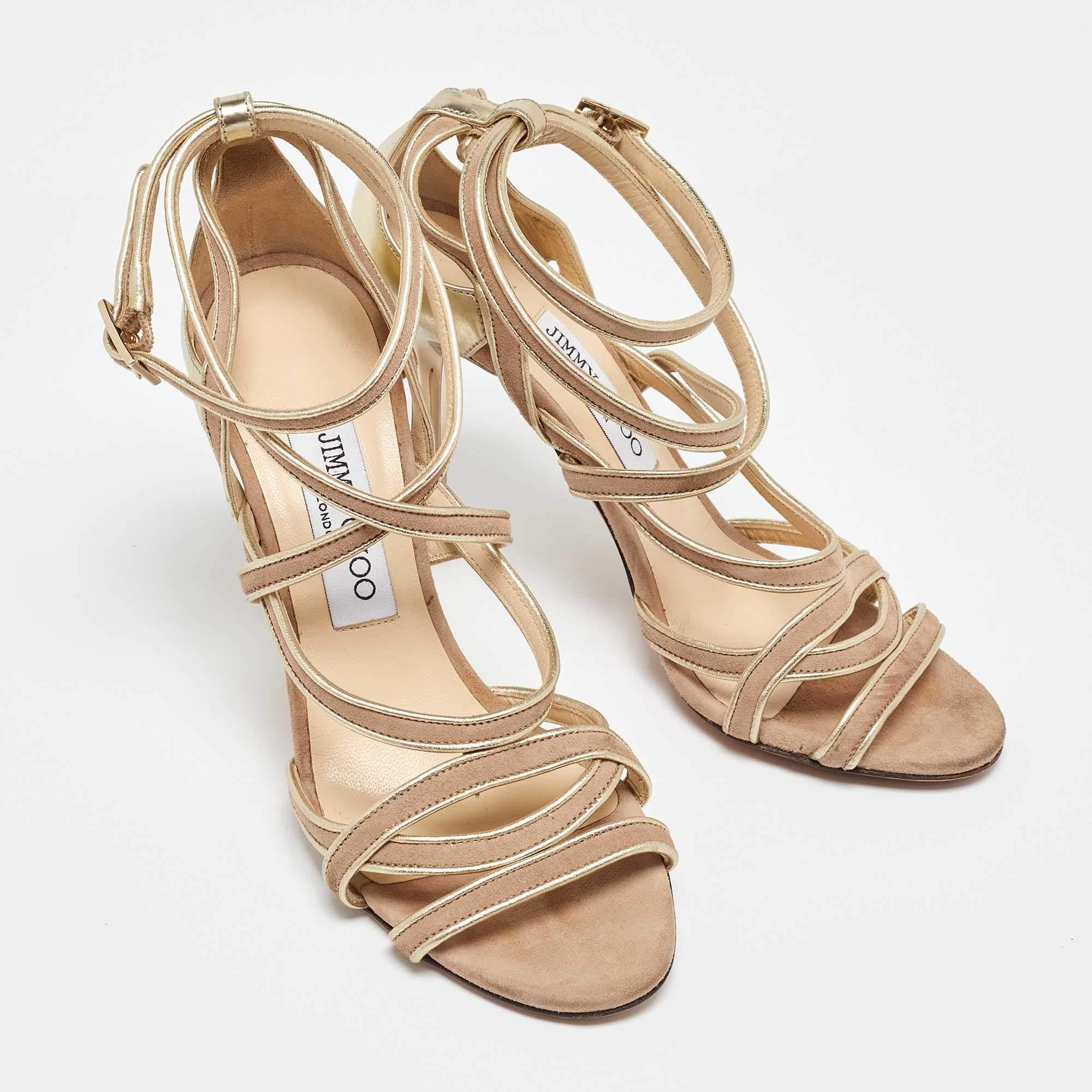Women's Jimmy Choo Gold/Beige Leather and Suede Ankle Strap Sandals Size 37.5 For Sale