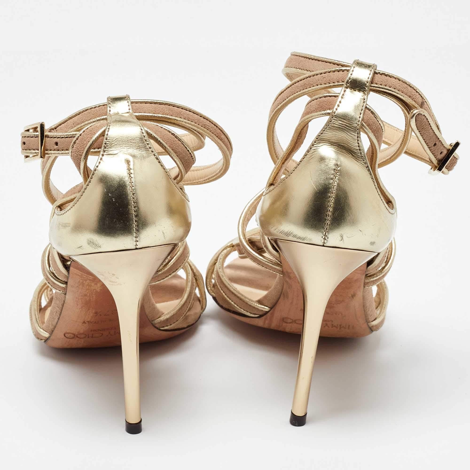 Jimmy Choo Gold/Beige Leather and Suede Ankle Strap Sandals Size 37.5 For Sale 1