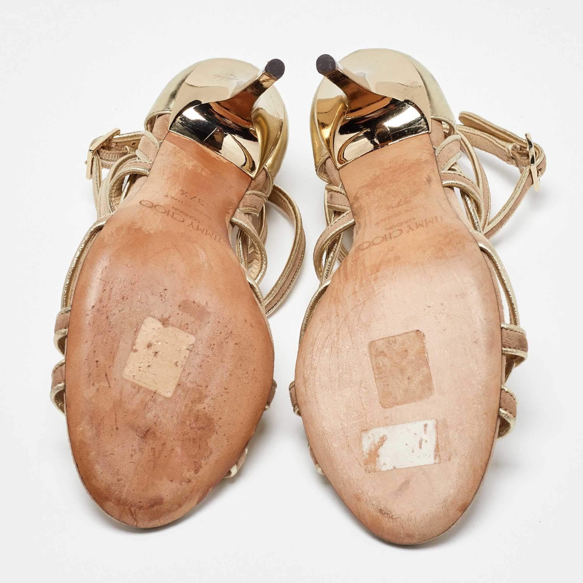 Jimmy Choo Gold/Beige Leather and Suede Ankle Strap Sandals Size 37.5 For Sale 2