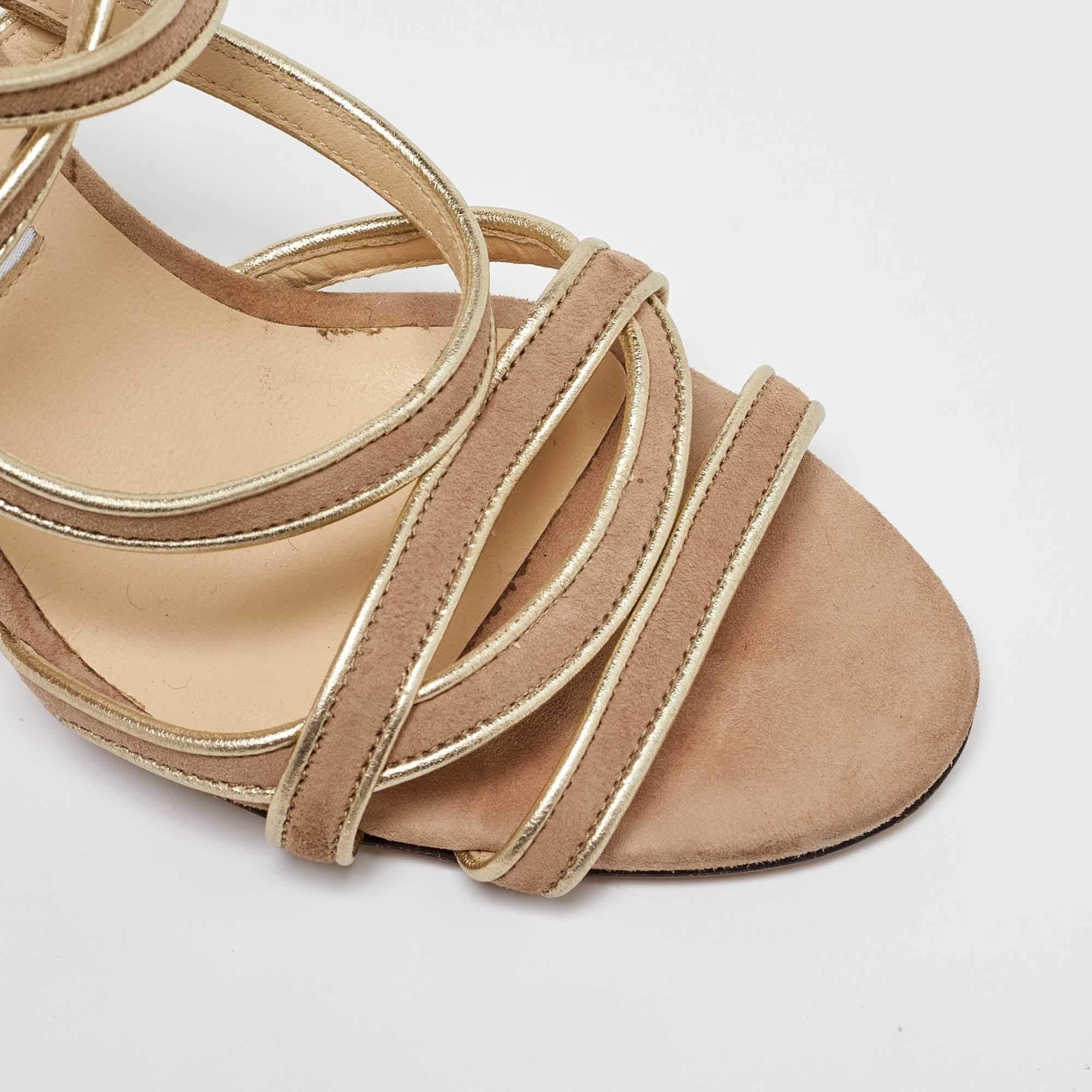 Jimmy Choo Gold/Beige Leather and Suede Ankle Strap Sandals Size 37.5 For Sale 3