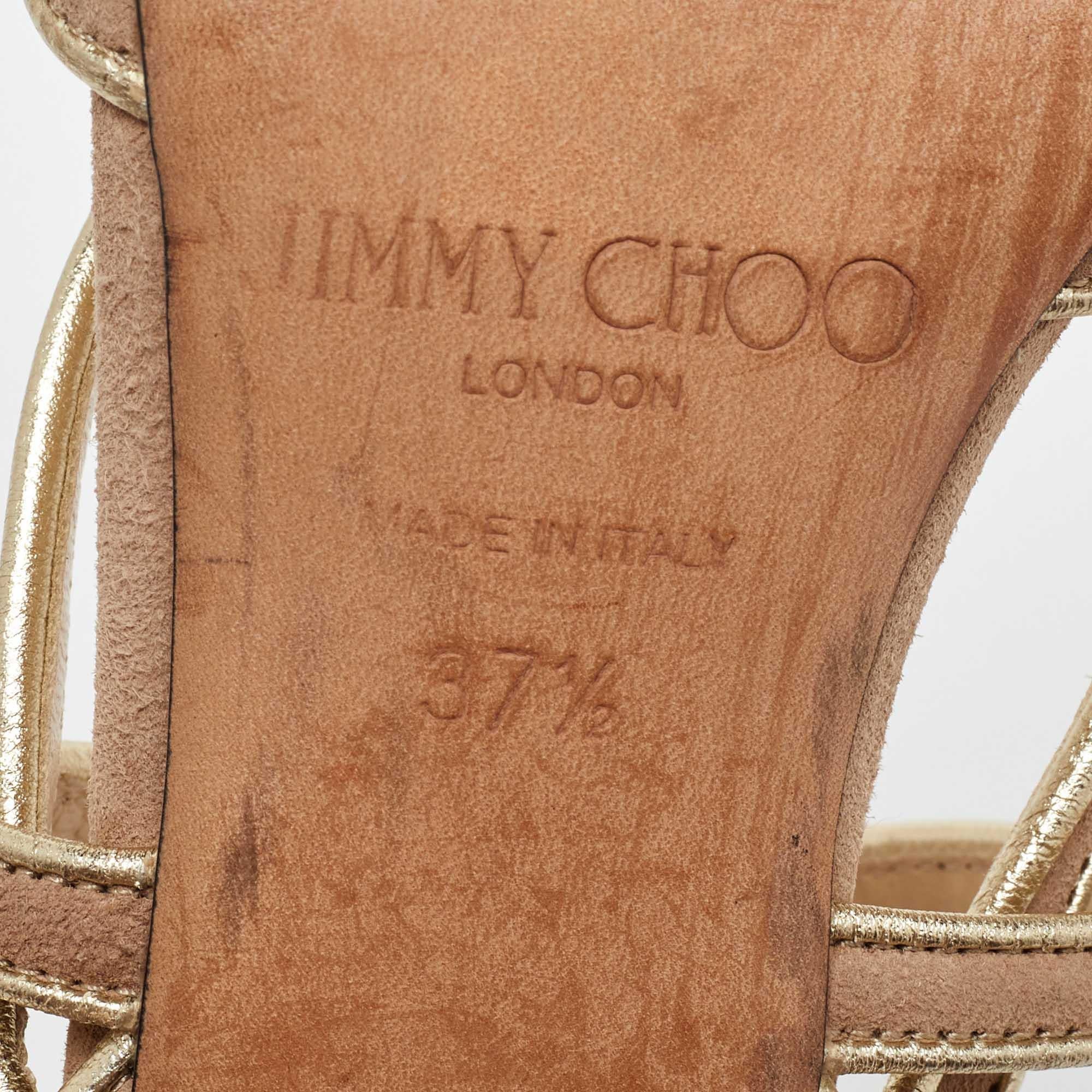 Jimmy Choo Gold/Beige Leather and Suede Ankle Strap Sandals Size 37.5 For Sale 4