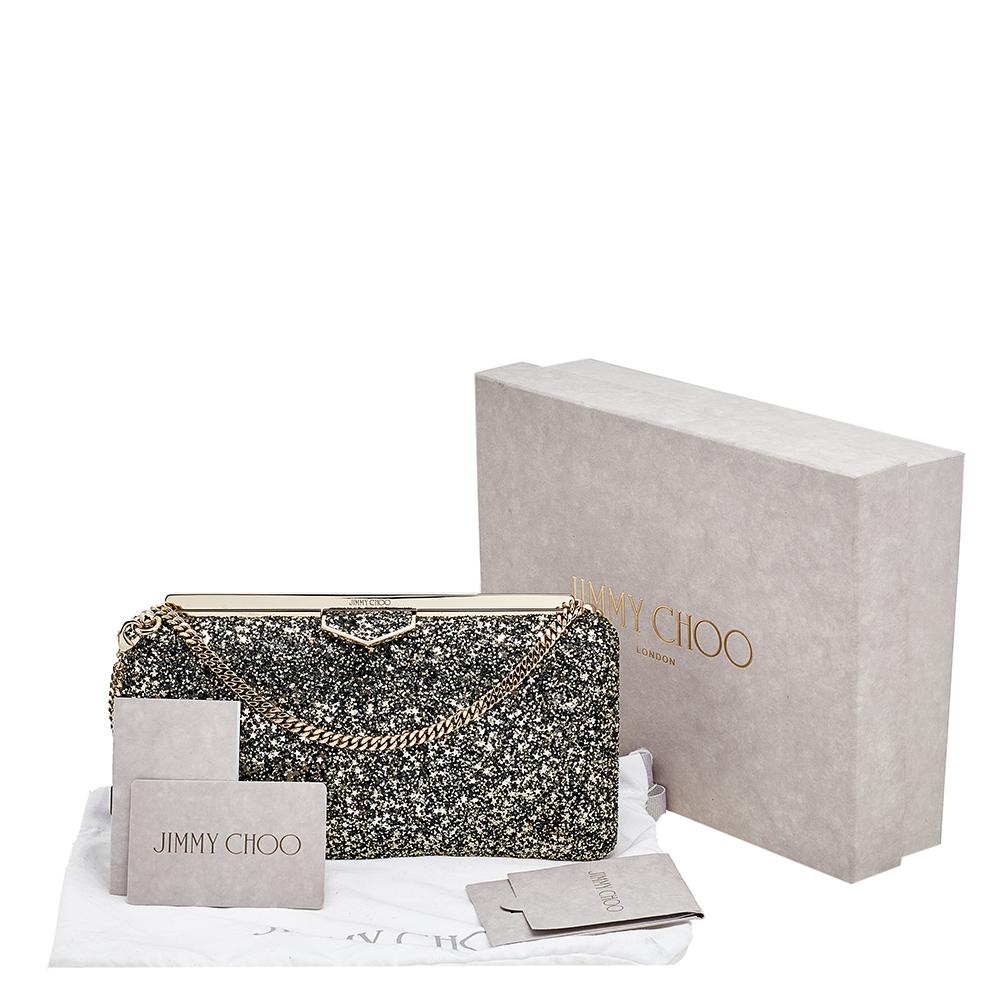 Jimmy Choo Gold/Black Coarse Glitter Ellipse Chain Clutch 7