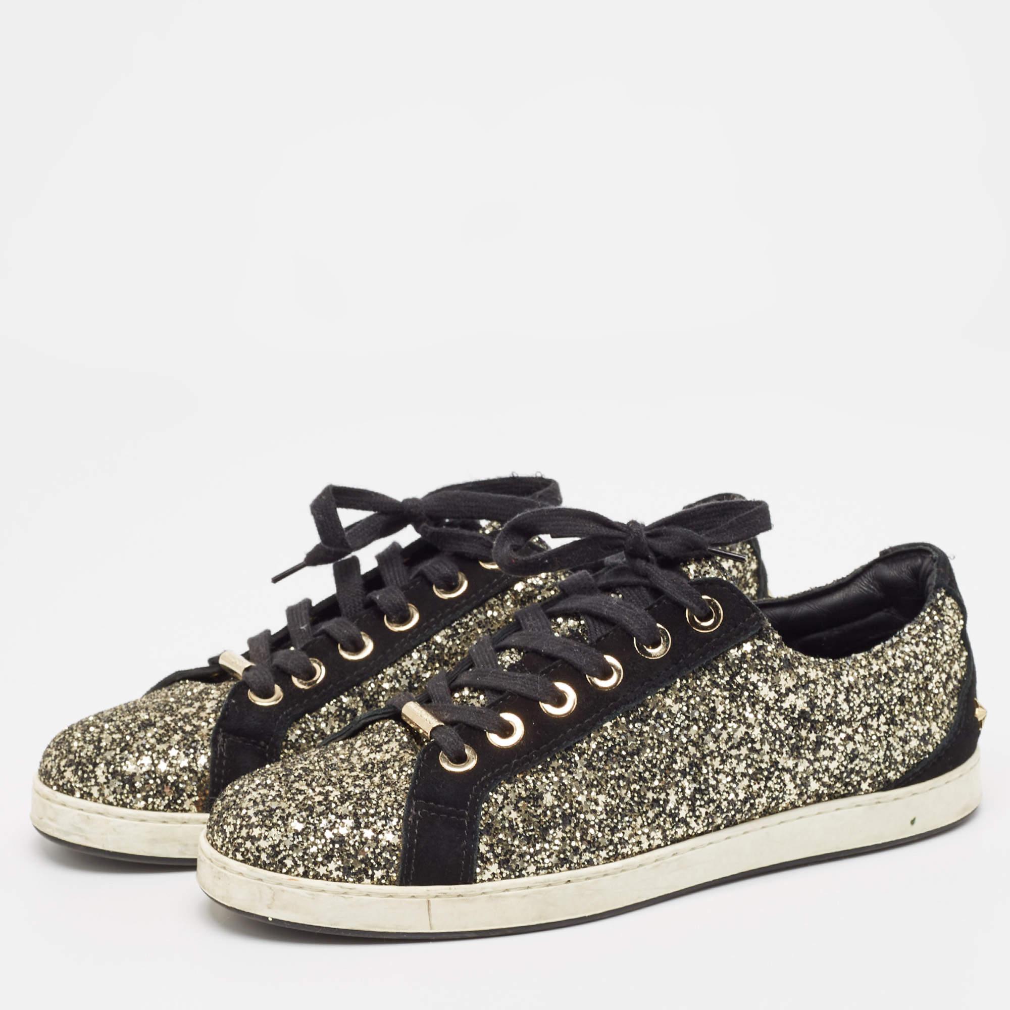 Opt for this lovely pair for the design is luxe as well as comfortable. These Jimmy Choo glitter sneakers have well sewn uppers beautifully set on durable soles.