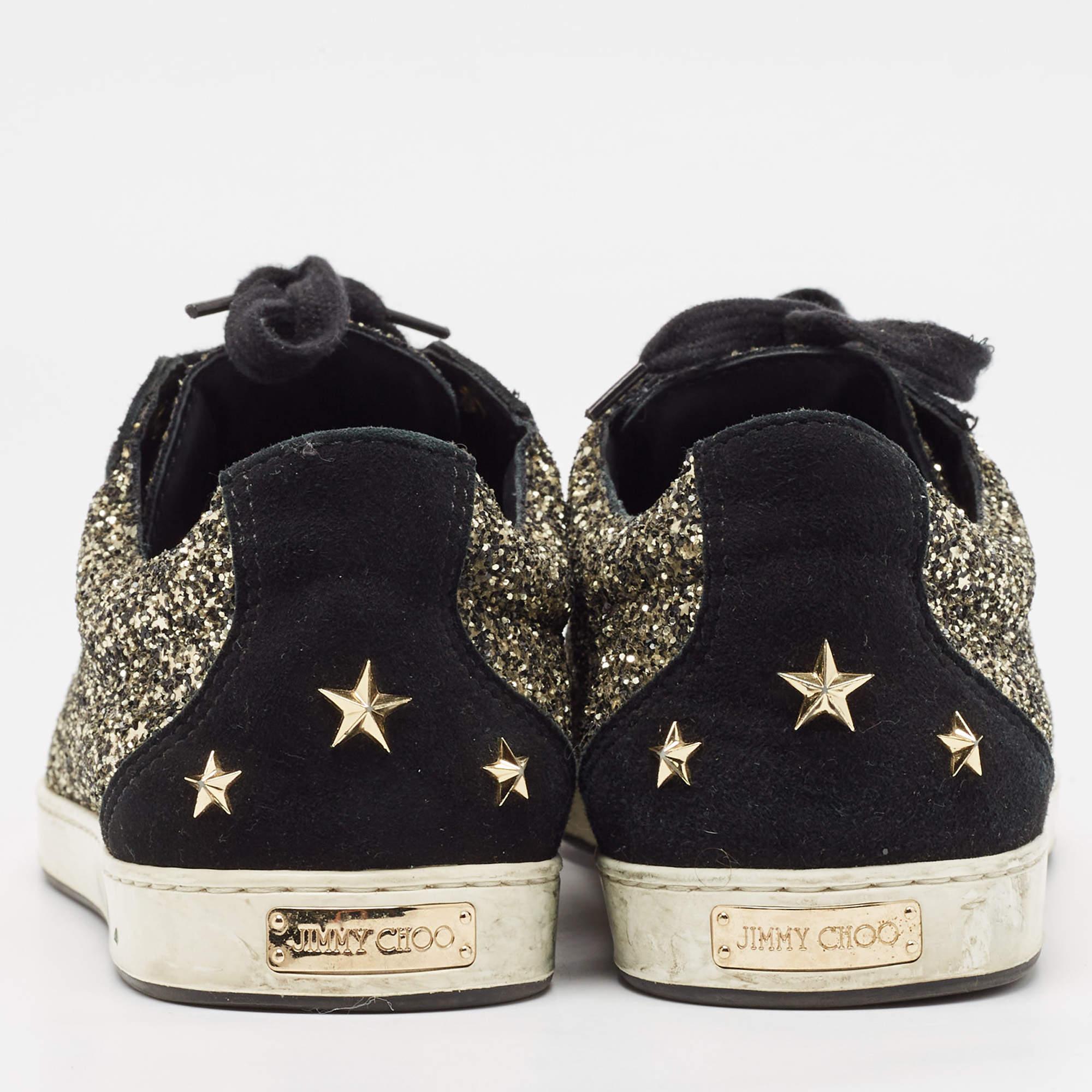 Jimmy Choo Gold/Black Glitter and Suede Lace Up Sneakers 41 For Sale 1