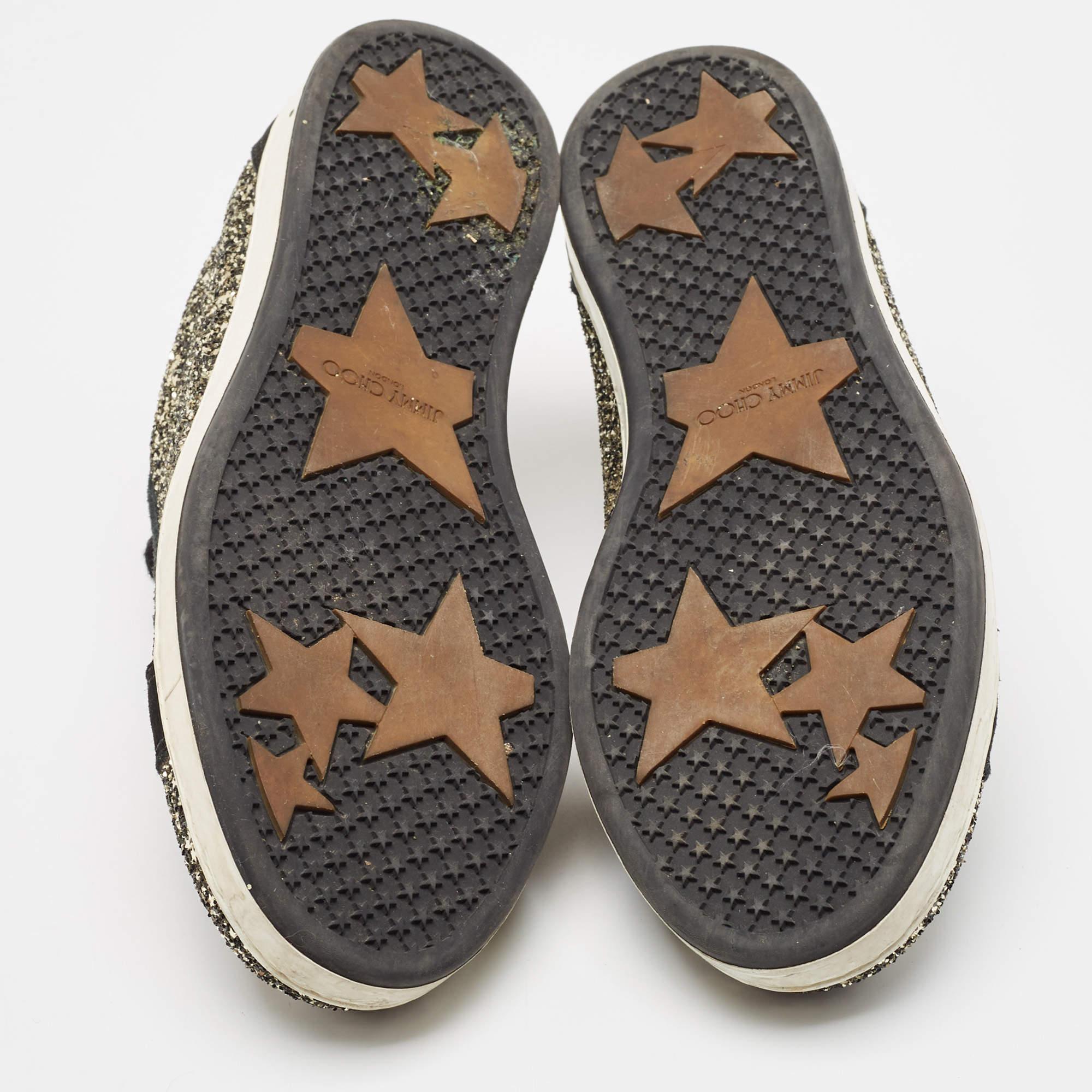 Jimmy Choo Gold/Black Glitter and Suede Lace Up Sneakers 41 For Sale 2