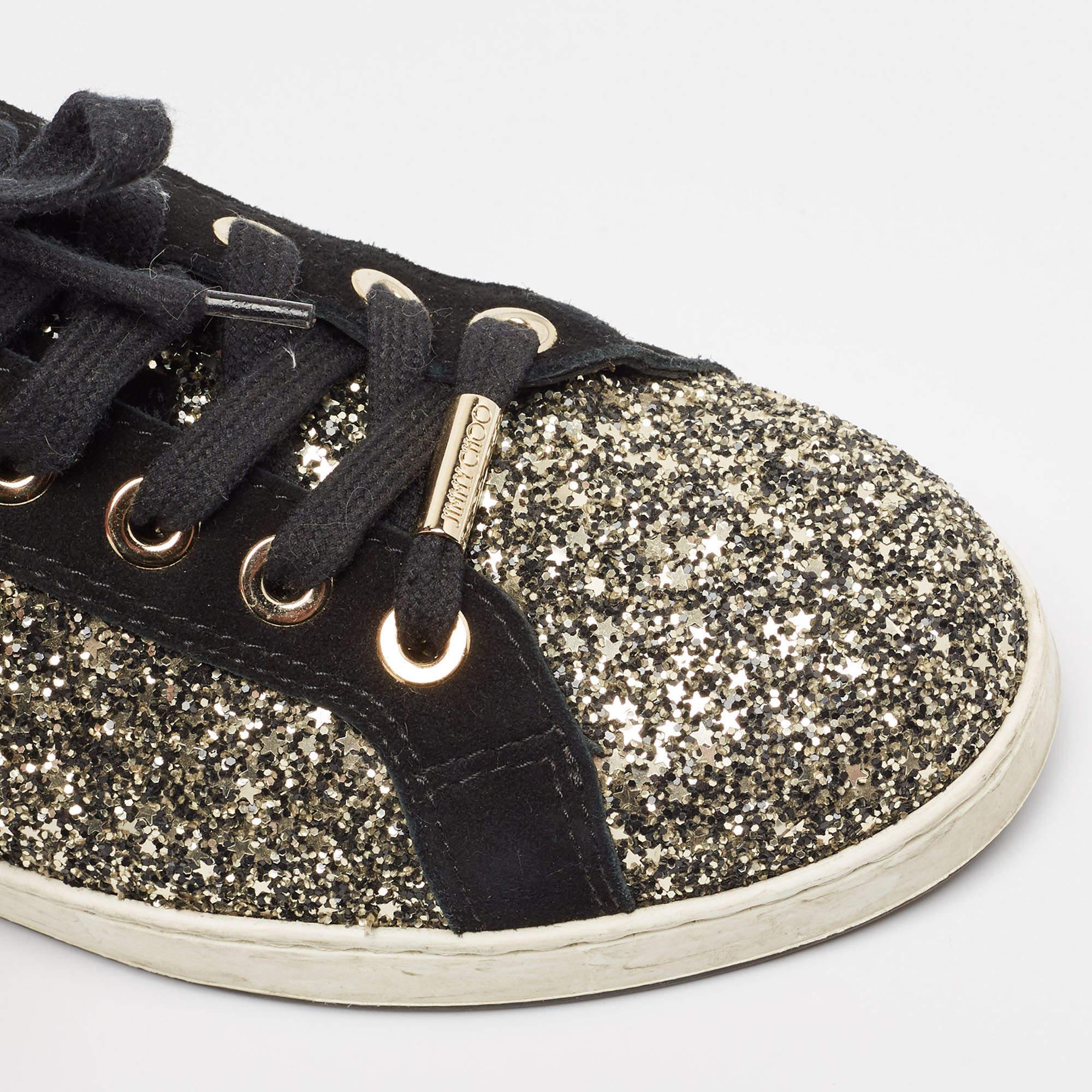 Jimmy Choo Gold/Black Glitter and Suede Lace Up Sneakers 41 For Sale 3