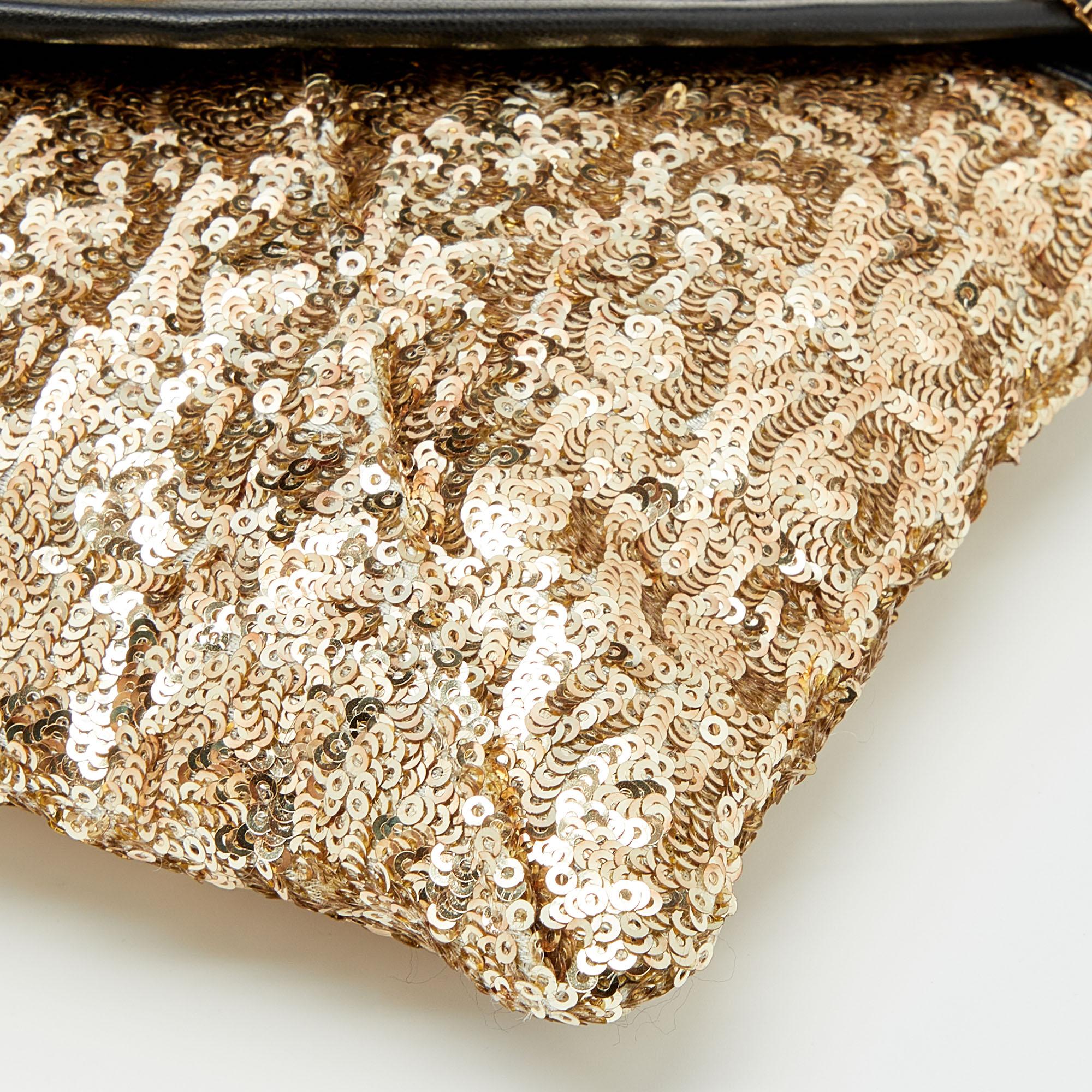 Jimmy Choo Gold/Black Sequin and Leather Chain Clutch 4