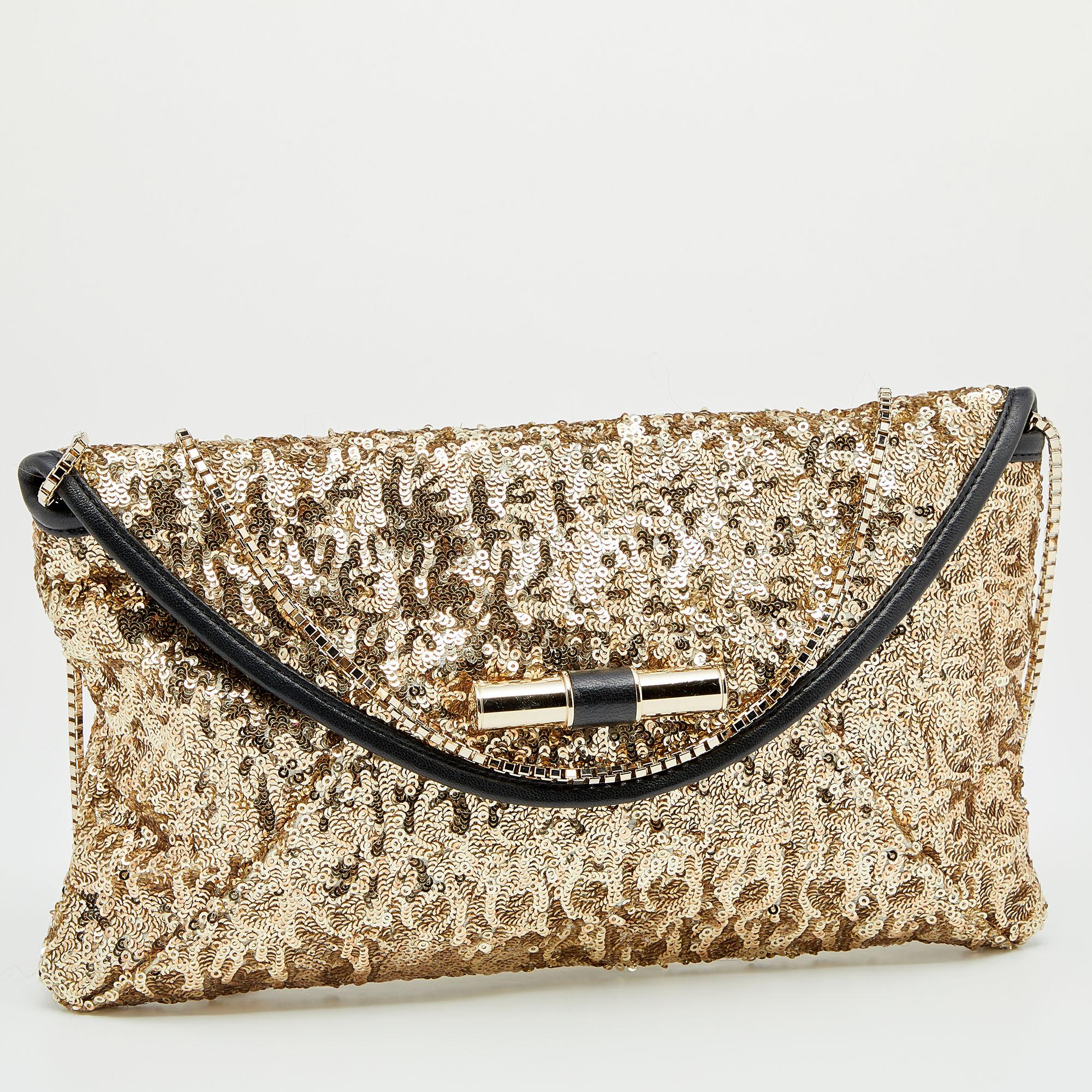 Women's Jimmy Choo Gold/Black Sequin and Leather Chain Clutch