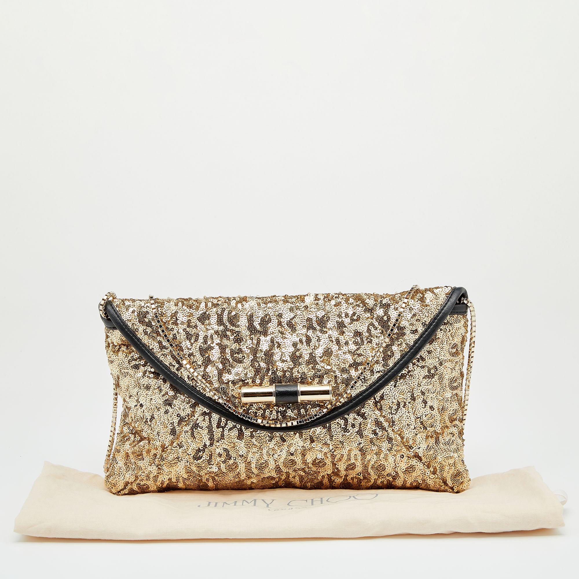 Jimmy Choo Gold/Black Sequin and Leather Chain Clutch 2