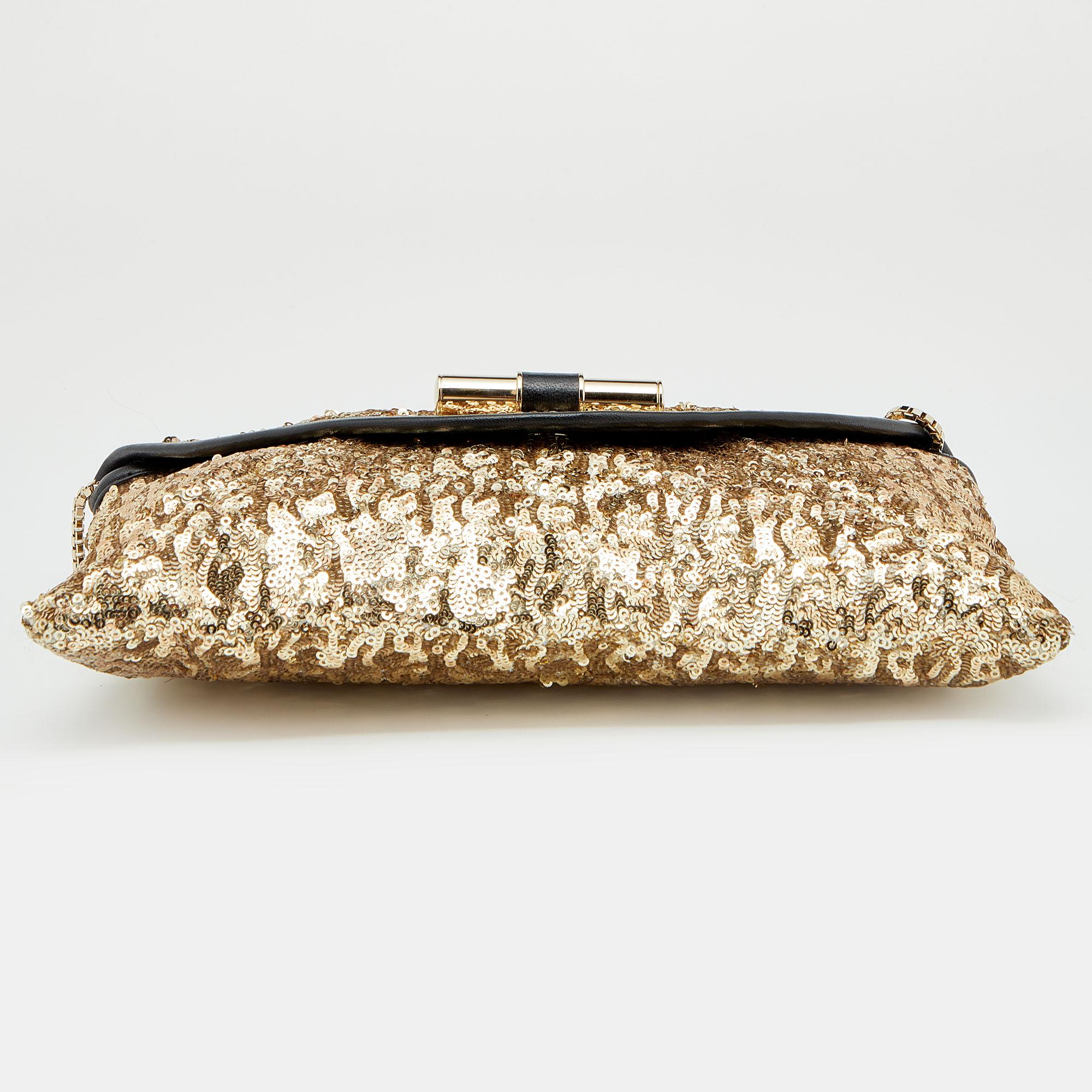 Jimmy Choo Gold/Black Sequin and Leather Chain Clutch 3