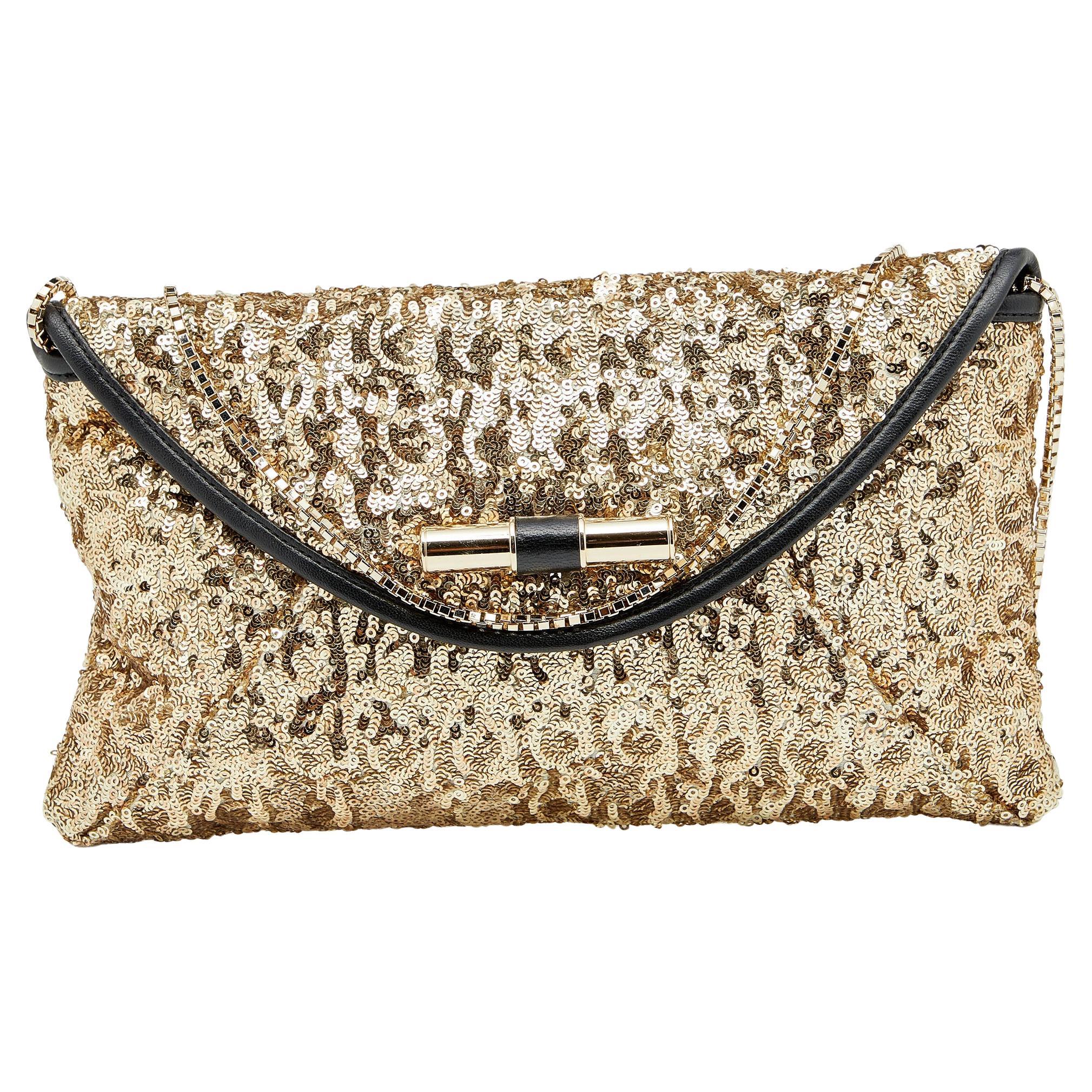 Jimmy Choo Gold/Black Sequin and Leather Chain Clutch