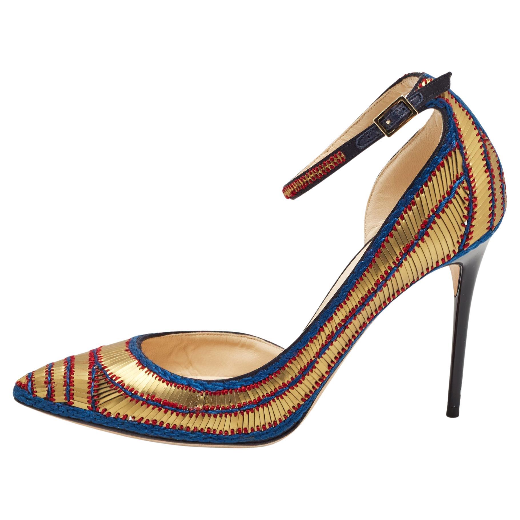 Jimmy Choo Gold/Blue Knit Fabric and Leather Lucy Pumps Size 37 For Sale