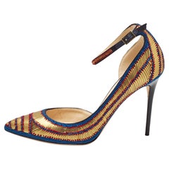 Jimmy Choo Gold/Blue Knit Fabric and Leather Lucy Pumps Size 37