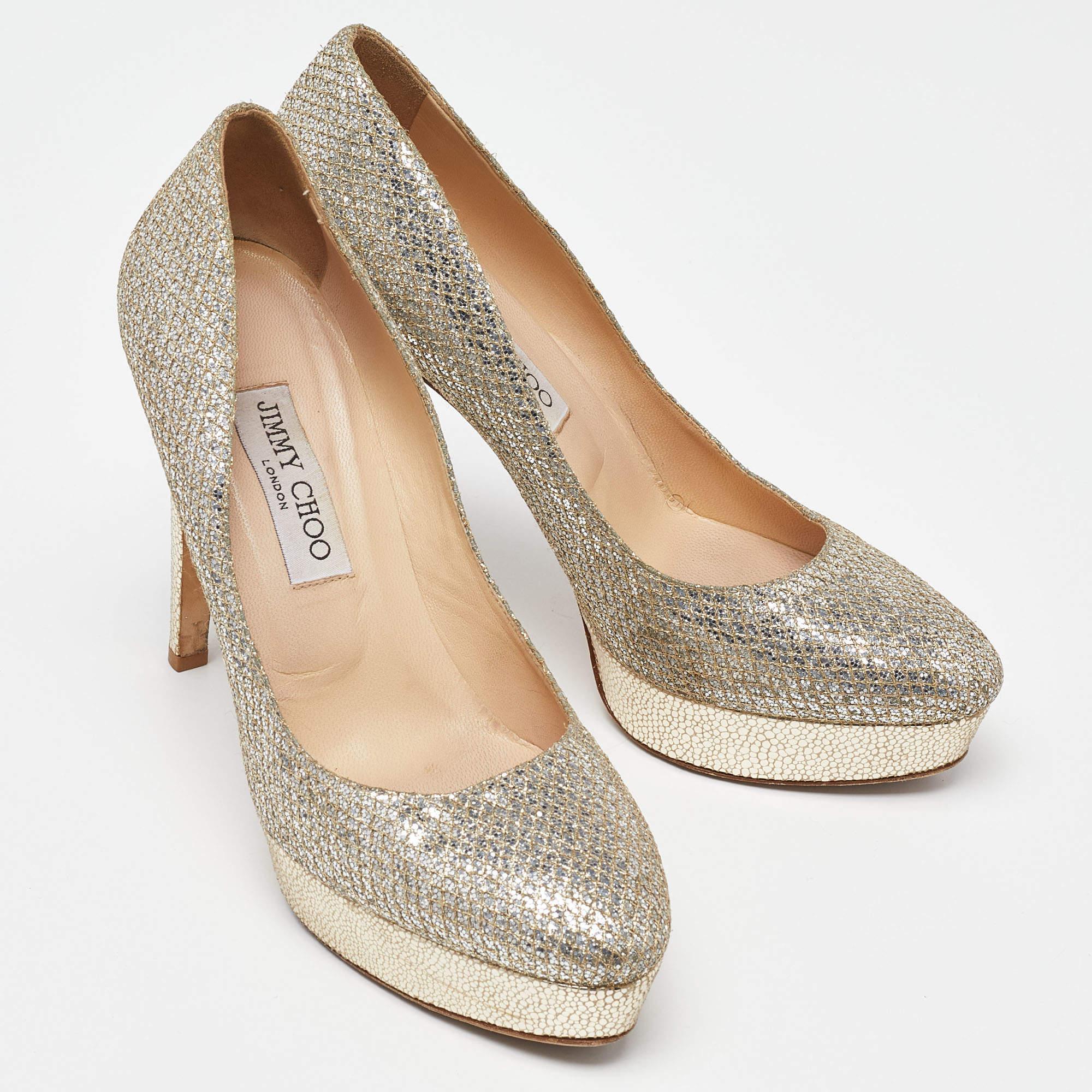 Women's Jimmy Choo Gold Coarse Glitter Eros Platform Pumps Size 39.5 For Sale