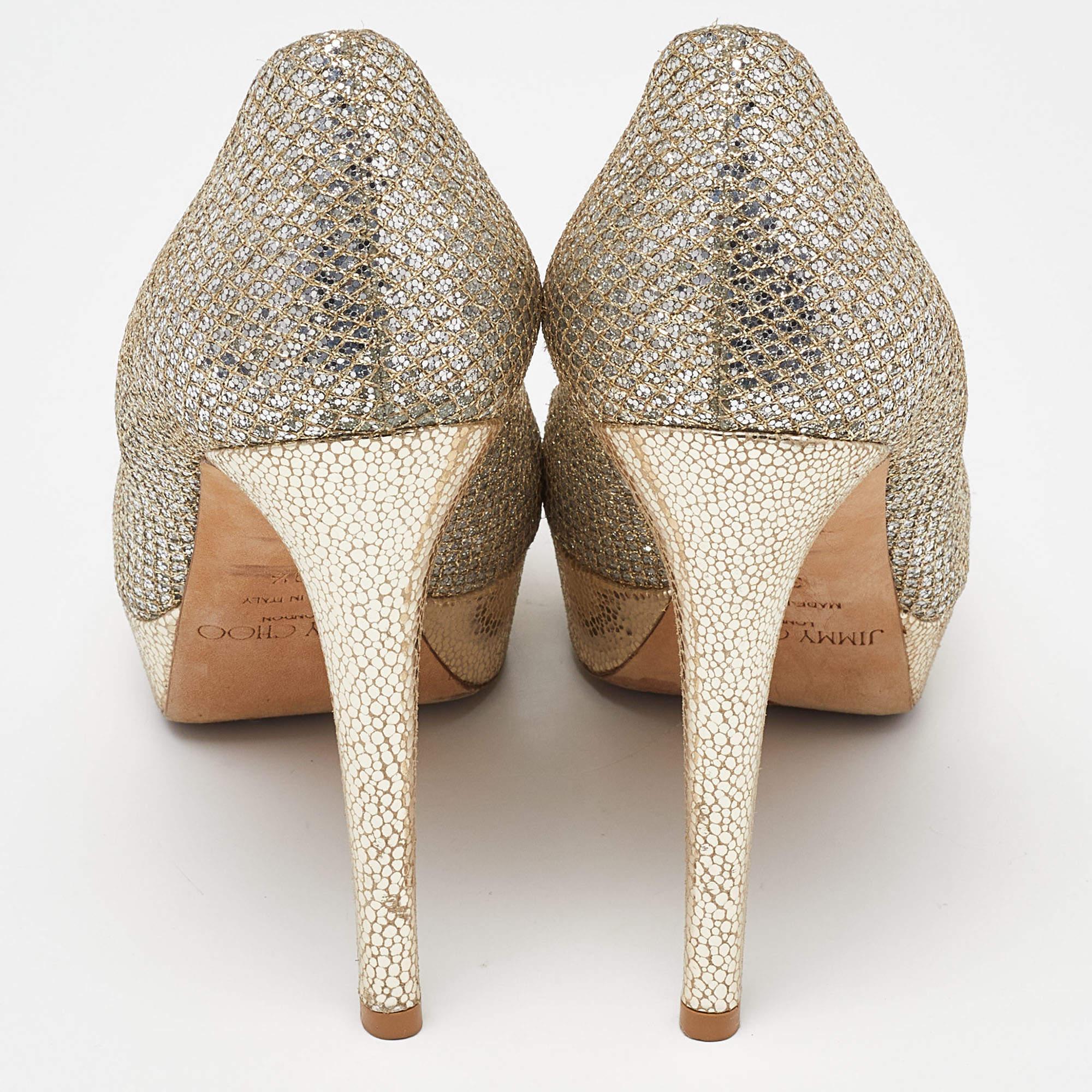 Jimmy Choo Gold Coarse Glitter Eros Platform Pumps Size 39.5 For Sale 1