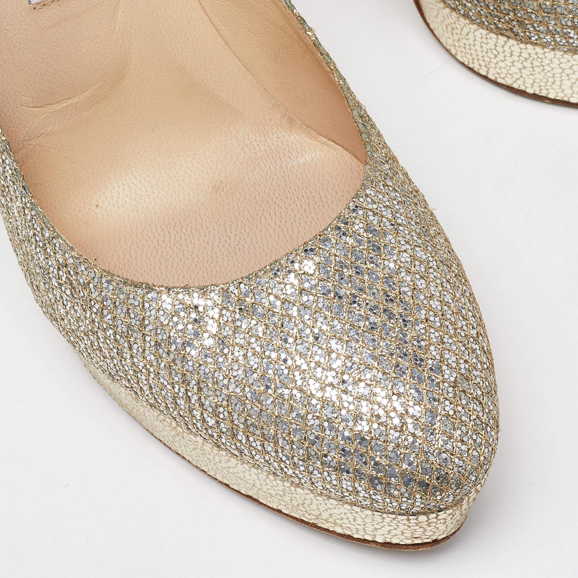 Jimmy Choo Gold Coarse Glitter Eros Platform Pumps Size 39.5 For Sale 3