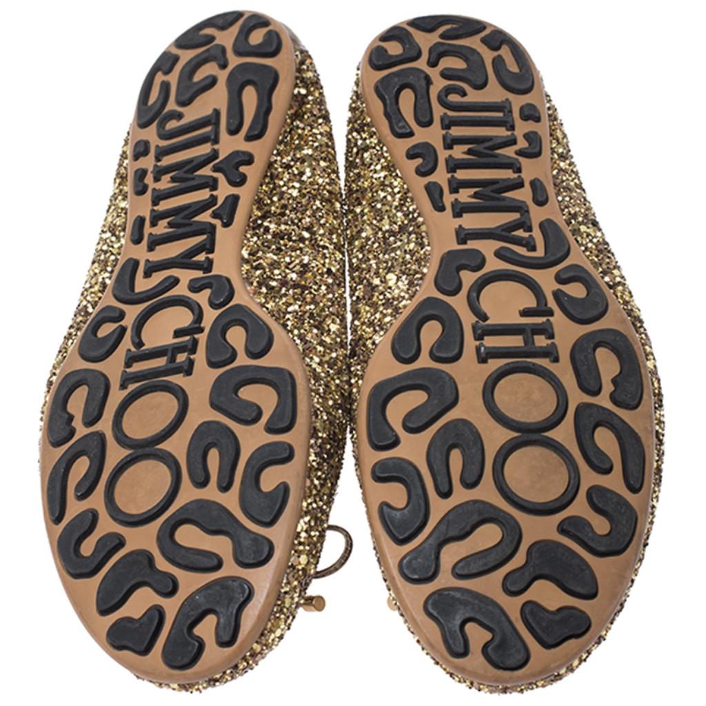 Brown Jimmy Choo Gold Coarse Glitter Fabric Walsh Bow Ballet Flats Size 37.5