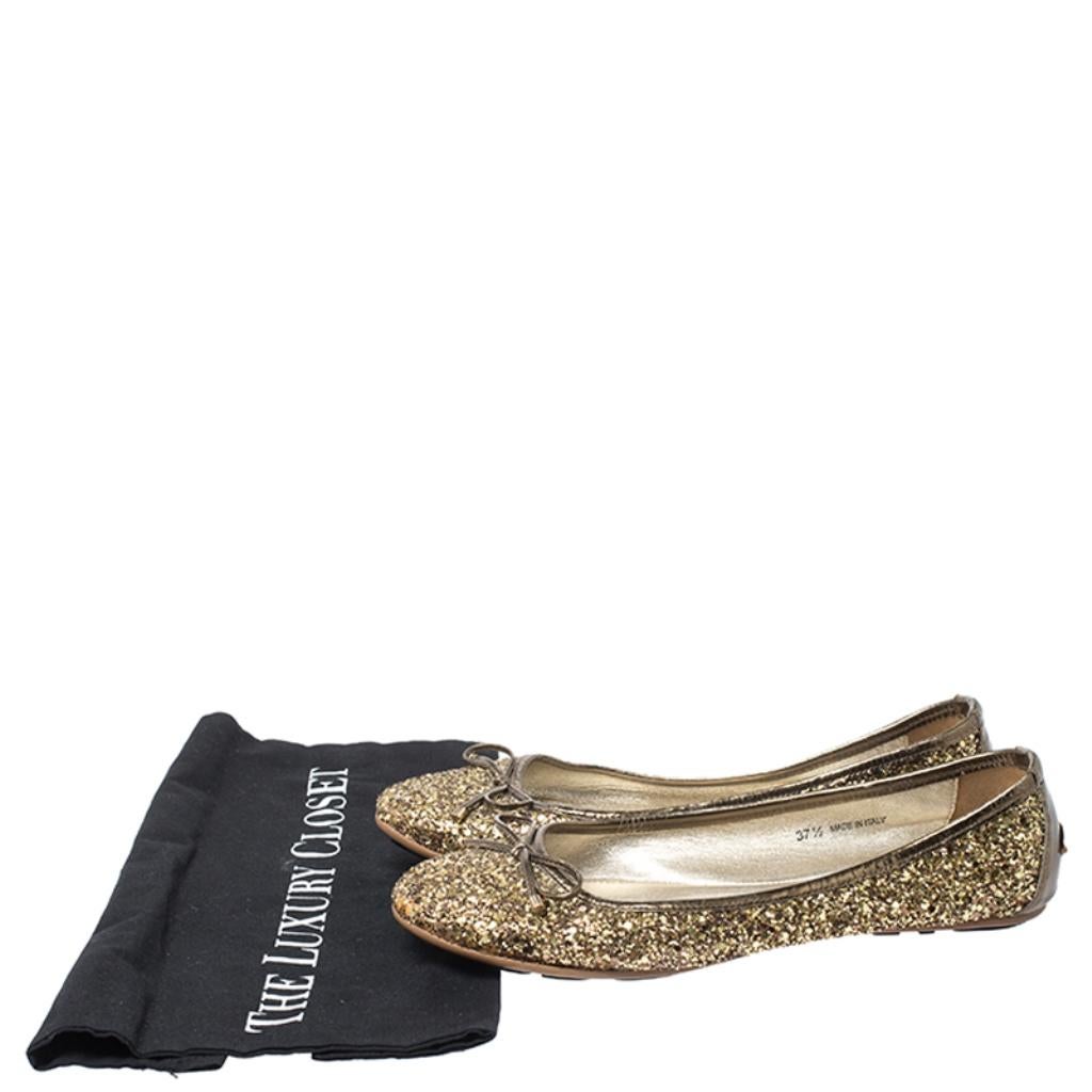 Women's Jimmy Choo Gold Coarse Glitter Fabric Walsh Bow Ballet Flats Size 37.5