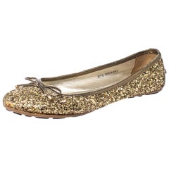 Jimmy Choo Gold Coarse Glitter Fabric Walsh Bow Ballet Flats Size 37.5