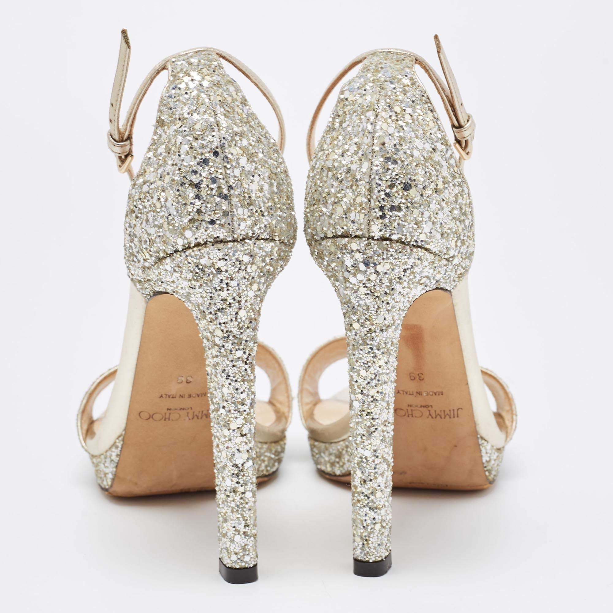 Jimmy Choo Gold Coarse Glitter Misty Sandals Size 39 In Good Condition For Sale In Dubai, Al Qouz 2