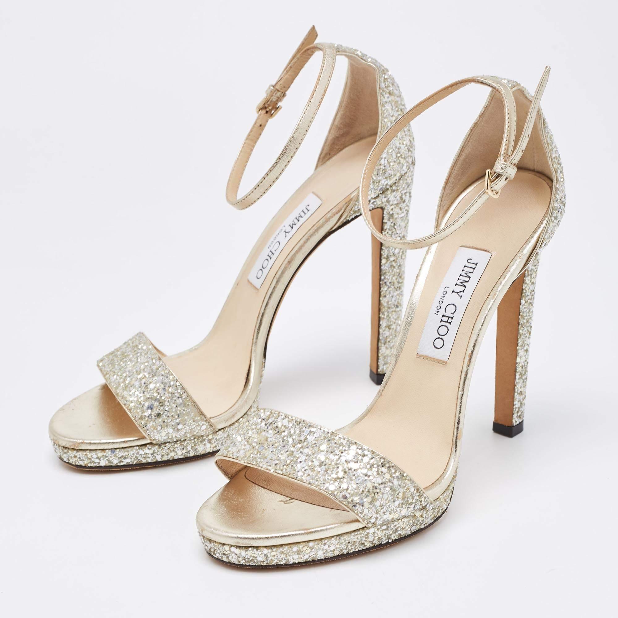 Women's Jimmy Choo Gold Coarse Glitter Misty Sandals Size 39 For Sale