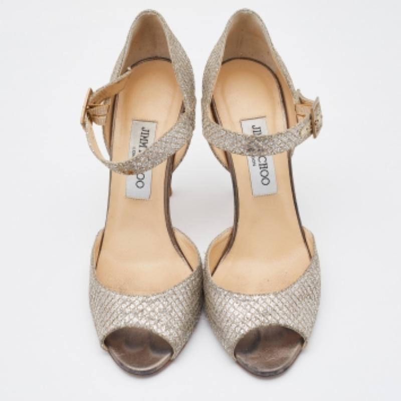Marron Jimmy Choo Gold Coarse Glitter Peep Toe Ankle Strap Sandals Size 38.5 en vente