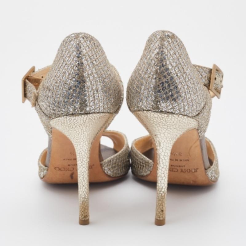 Jimmy Choo Gold Coarse Glitter Peep Toe Ankle Strap Sandals Size 38.5 Bon état - En vente à Dubai, Al Qouz 2