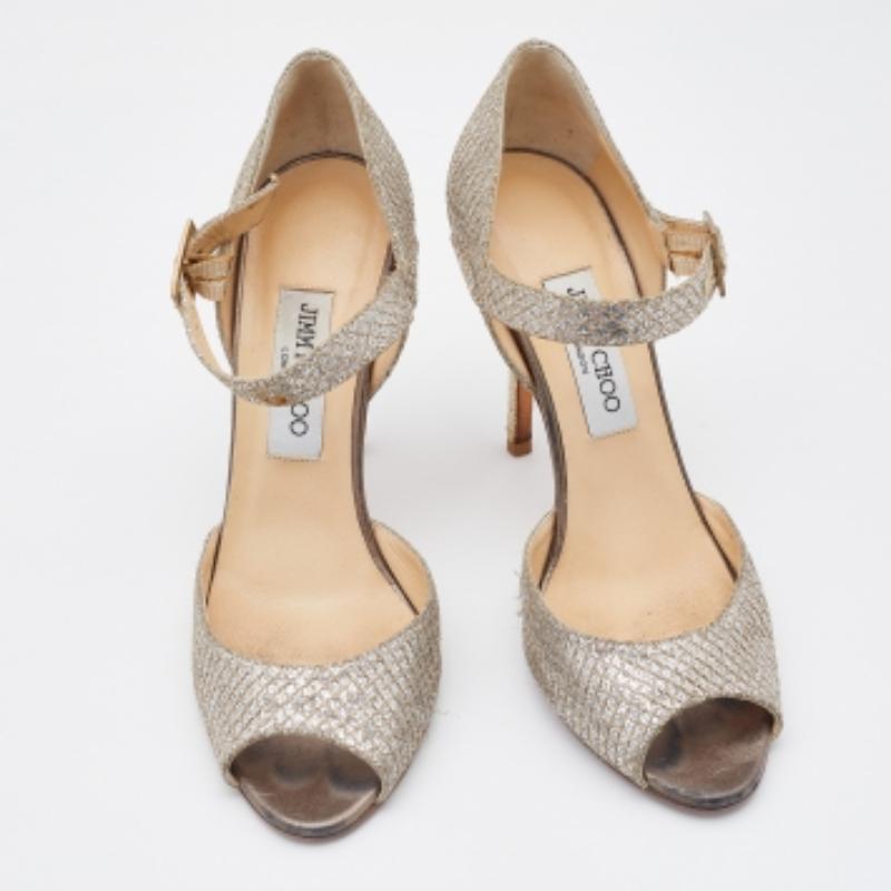 Jimmy Choo Gold Coarse Glitter Peep Toe Ankle Strap Sandals Size 38.5 en vente 3
