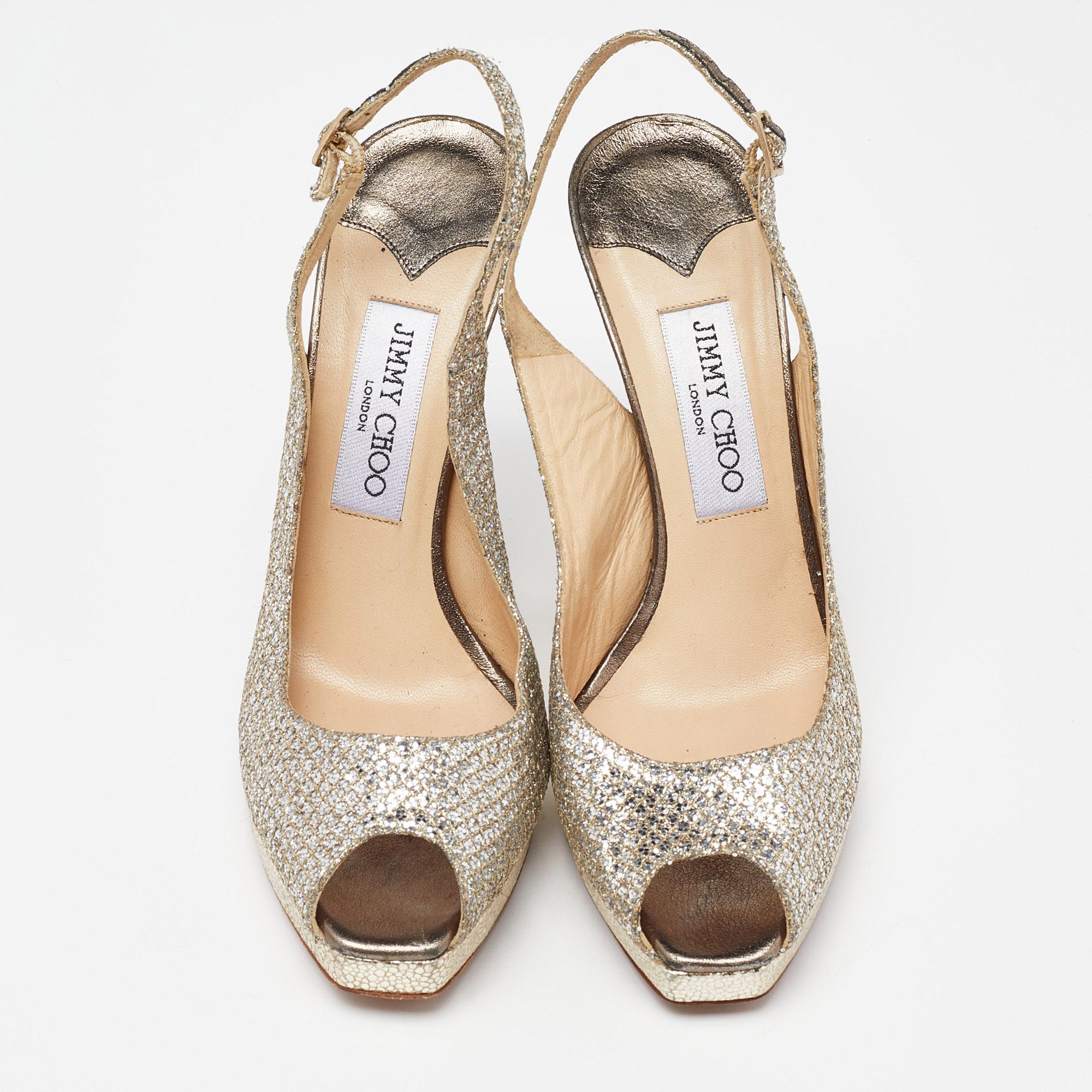 Or Jimmy Choo - Sandales à talons compensés à bout ouvert avec paillettes dorées et dentelle, taille 38