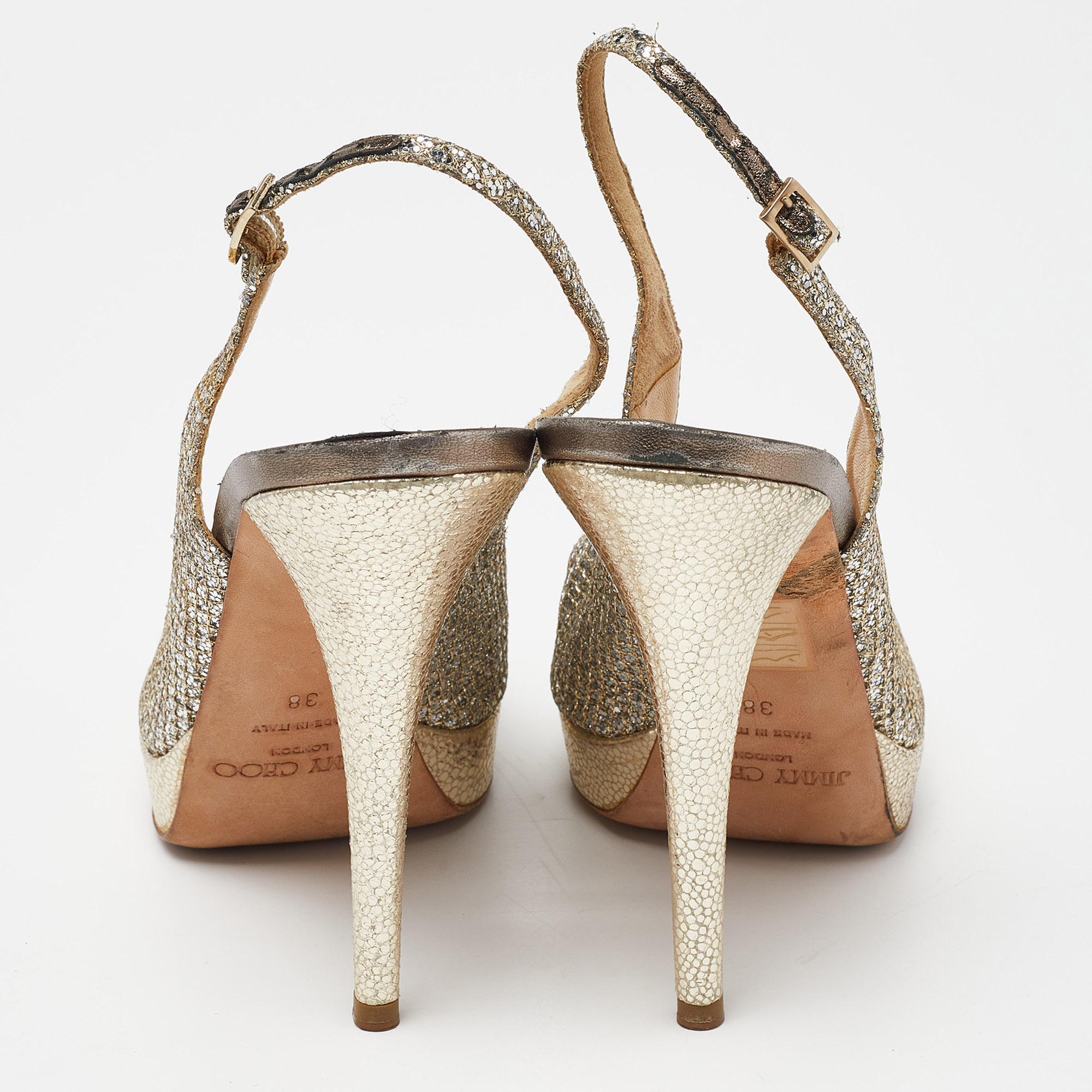  Jimmy Choo - Sandales à talons compensés à bout ouvert avec paillettes dorées et dentelle, taille 38 Pour femmes 