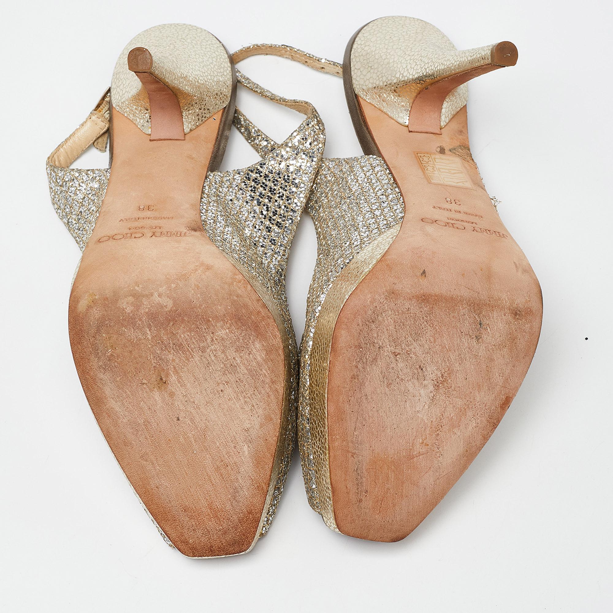 Jimmy Choo - Sandales à talons compensés à bout ouvert avec paillettes dorées et dentelle, taille 38 1