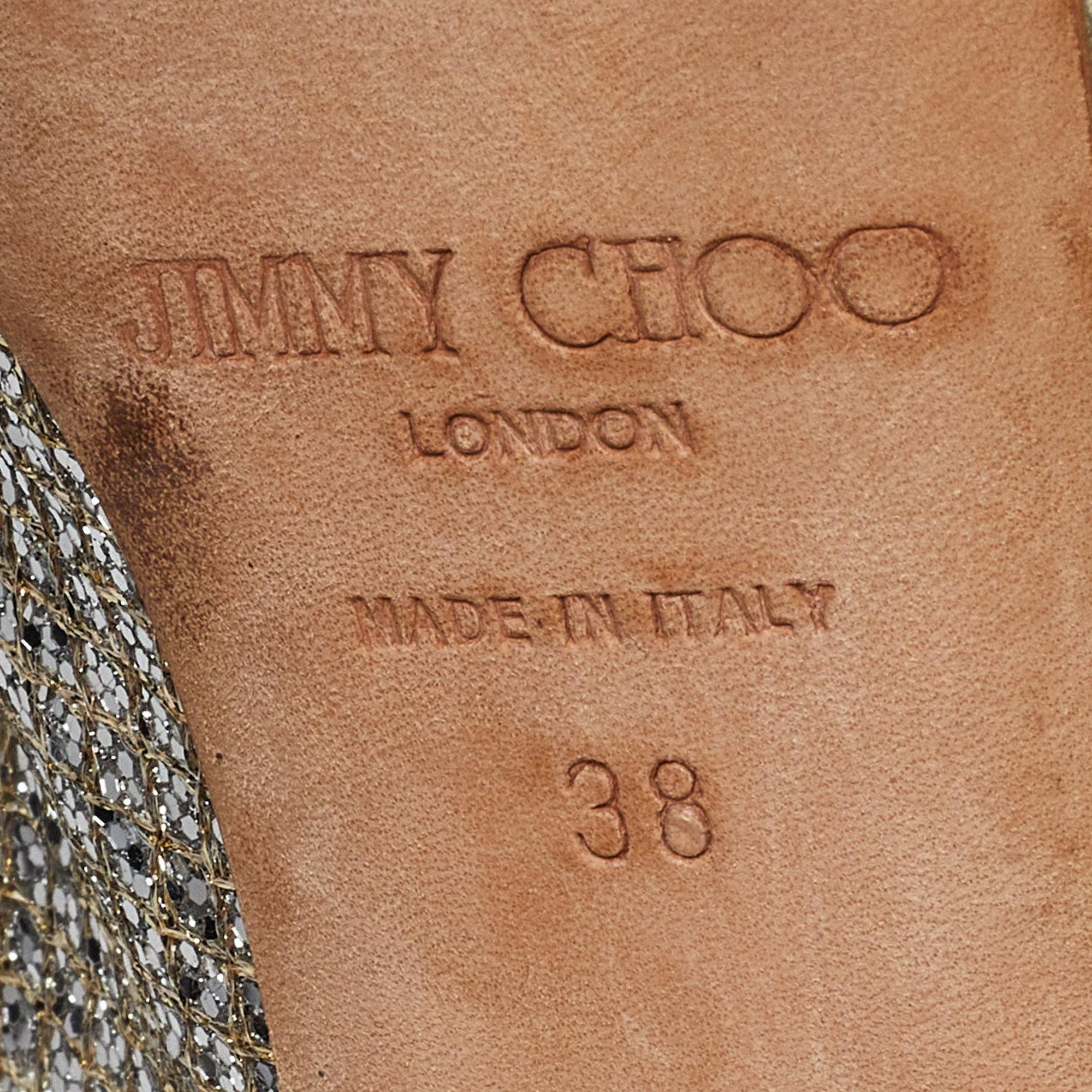 Jimmy Choo - Sandales à talons compensés à bout ouvert avec paillettes dorées et dentelle, taille 38 3