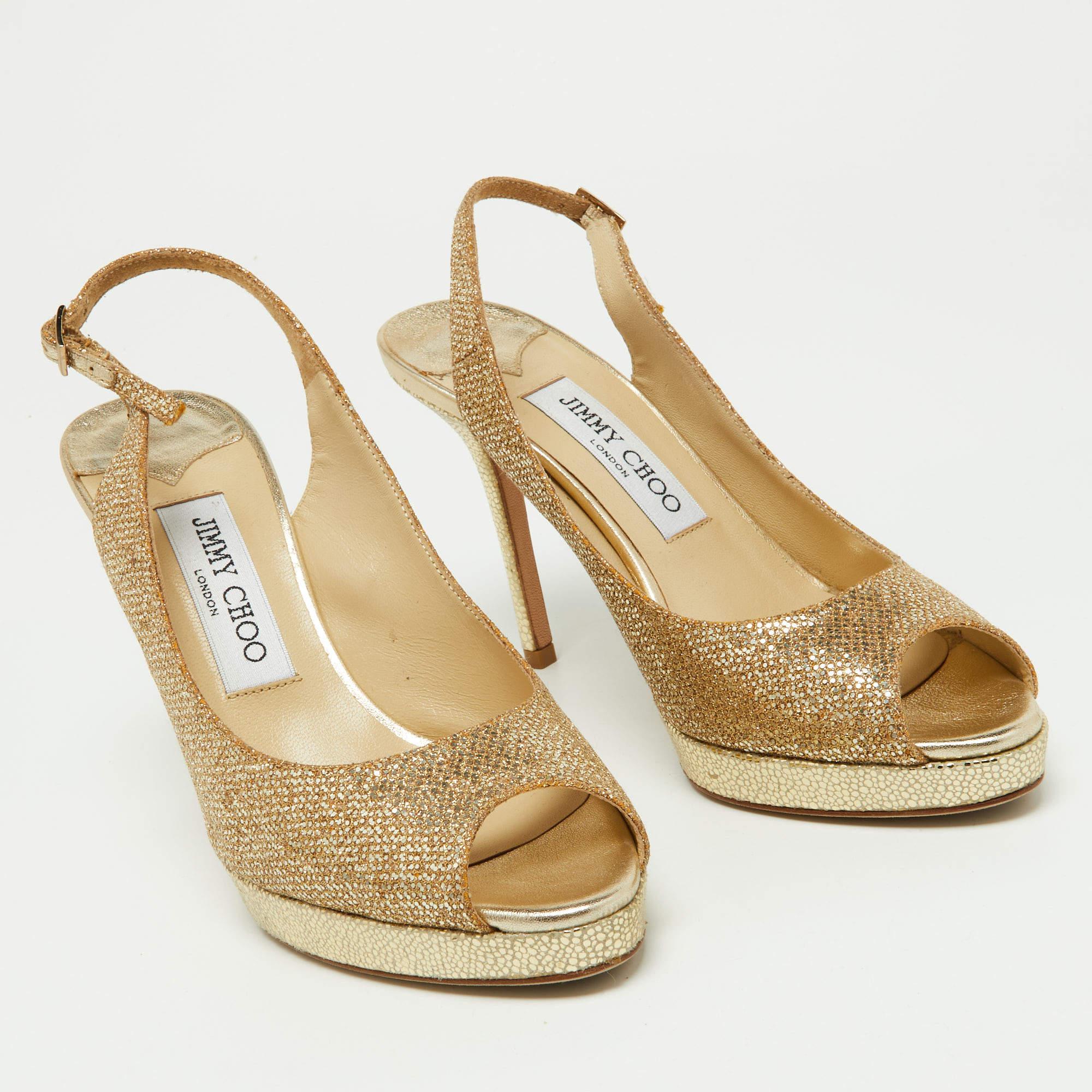 Jimmy Choo Gold Glitter and Leather Slingback Sandals Size 37.5 For Sale 2
