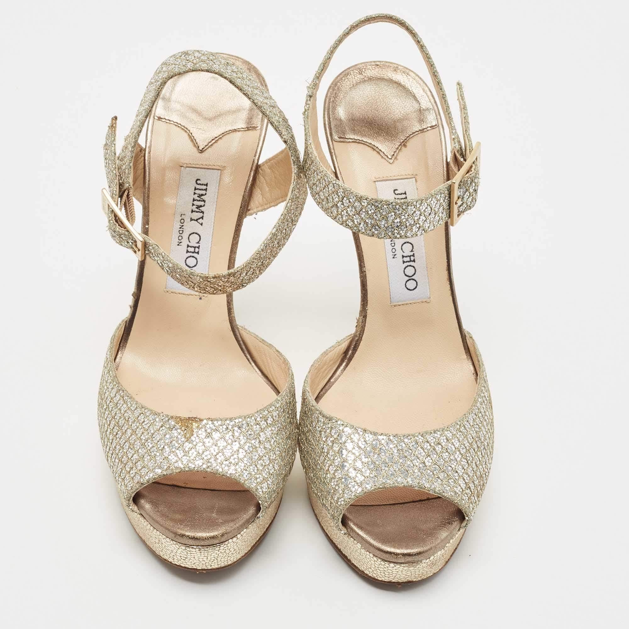 Or Jimmy Choo - Sandales à lanières à la cheville paillettes dorées, taille 38,5