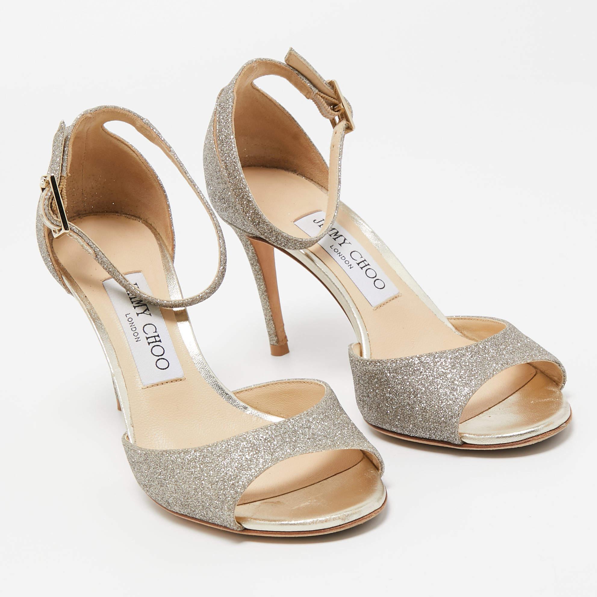 Jimmy Choo Gold Glitter Annie Ankle Strap Sandals Size 35.5 For Sale 1