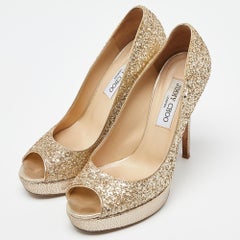 Jimmy Choo Gold Glitter Dahlia Platform Peep Toe Pumps Size 38